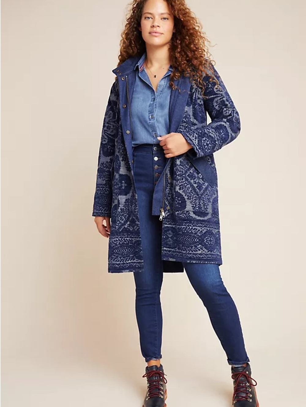 Anthropologie Blue Chenille Tapestry Patterned Long Women's Coat Parka Sz 1X - Picture 2 of 16